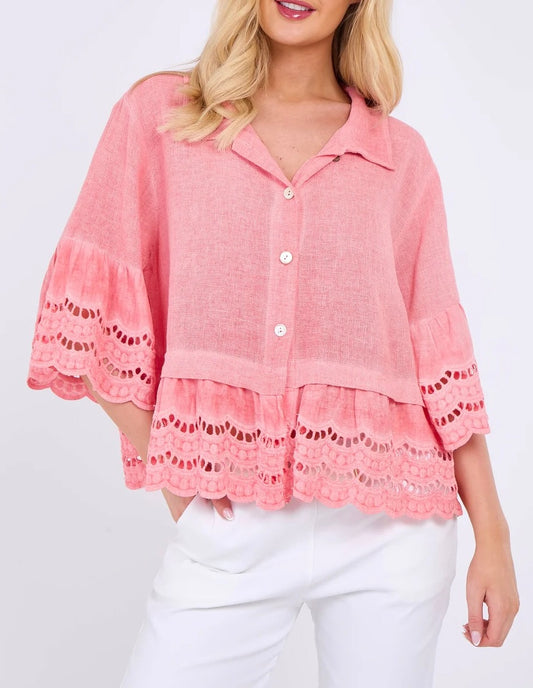 Coral linen embroidered shirt