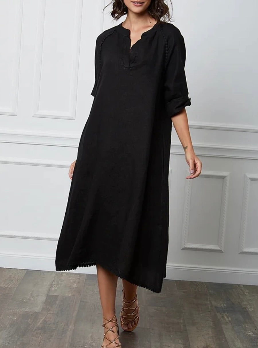 Linen maxi v-neck dress, made in Italy - black