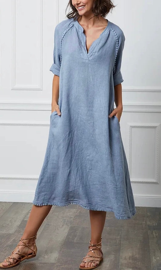Linen maxi v-neck dress, made in Italy - denim blue