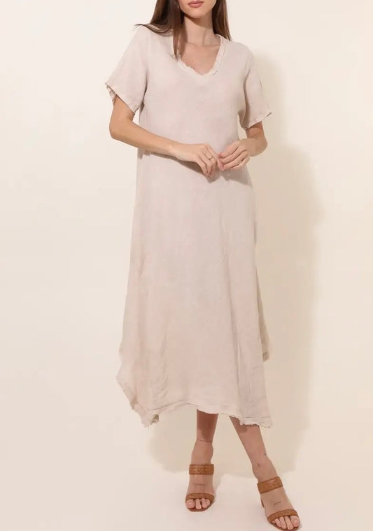 V-neck linen dress - beige