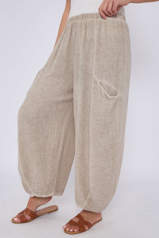 Baggy linen trousers, beige harem pants