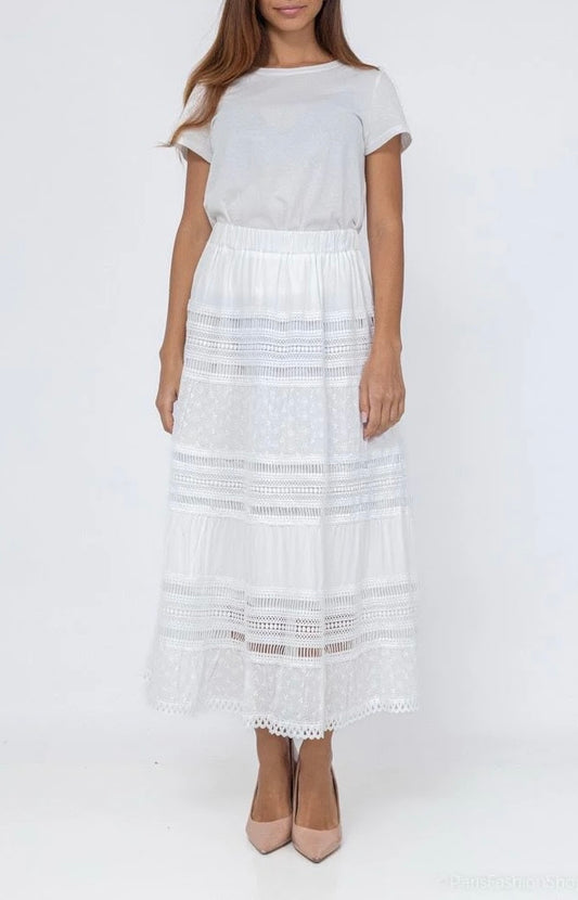 Floral embroidered white maxi skirt