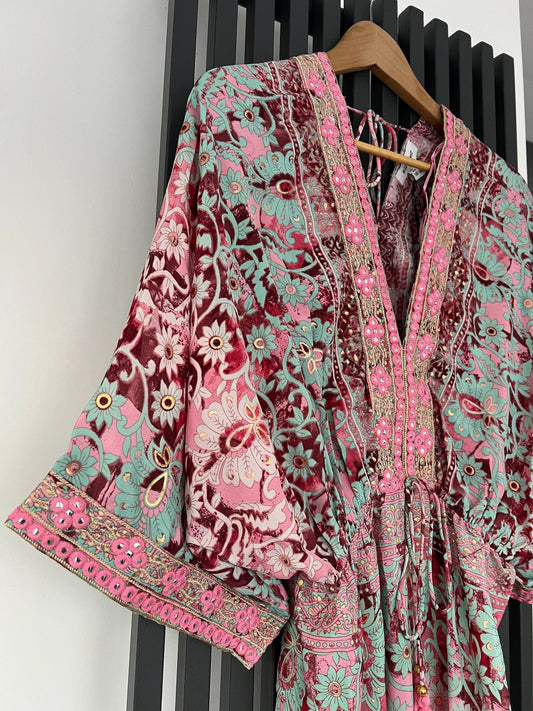 Pink summer dress floral design embellished art silk Kimono dress