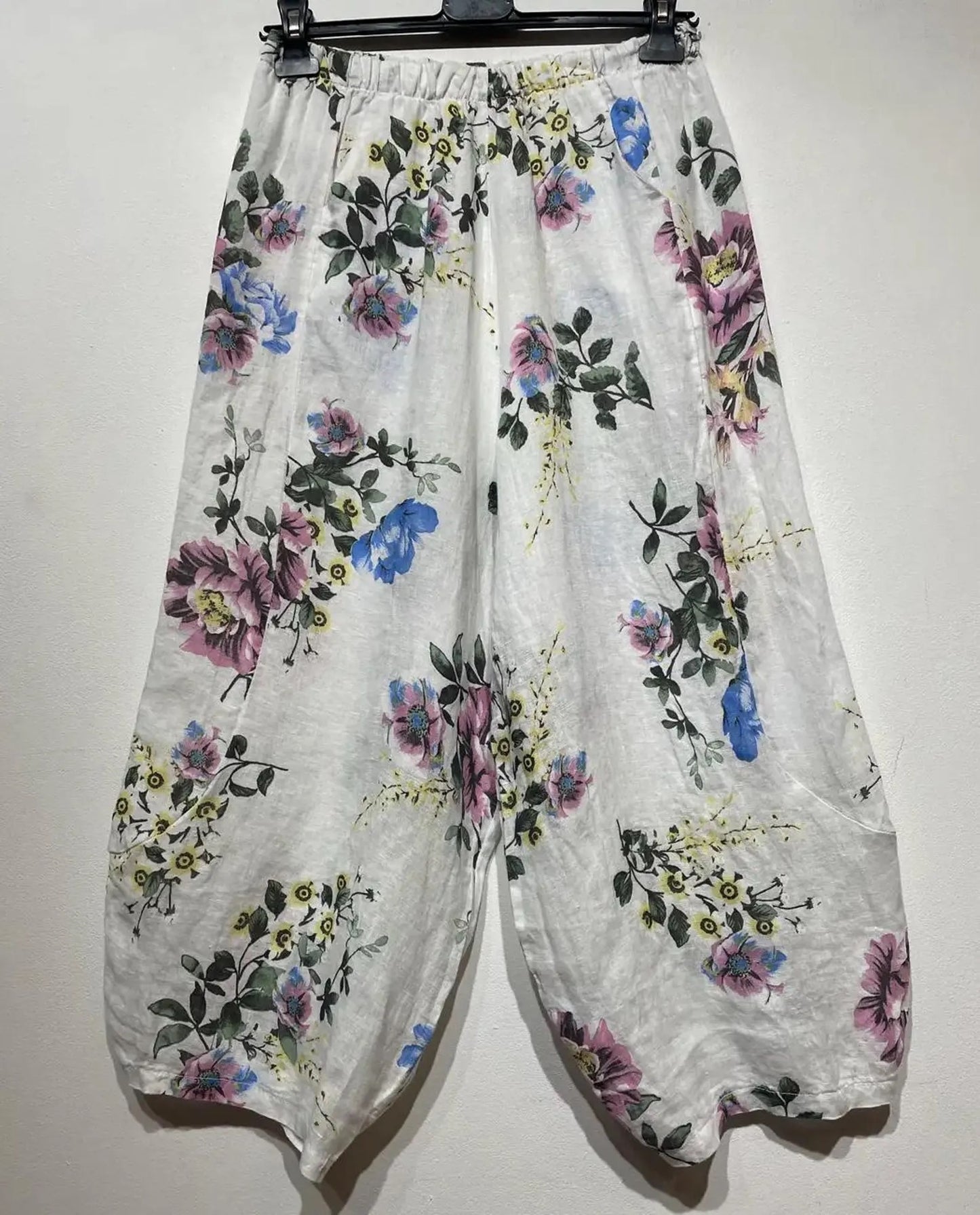 Floral print baggy linen trousers - white