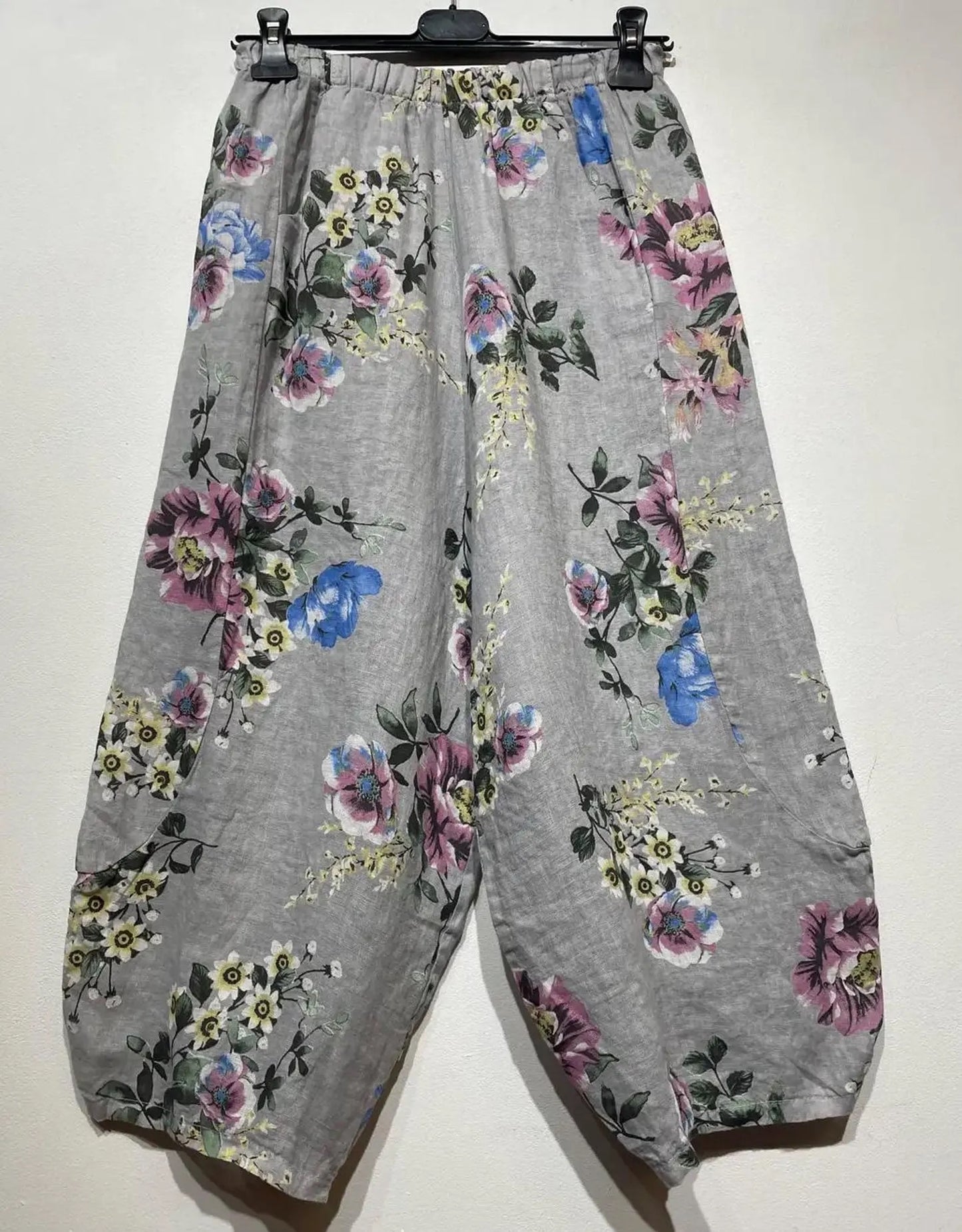 Floral print baggy linen trousers - grey