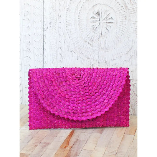 Neon pink straw clutch bag