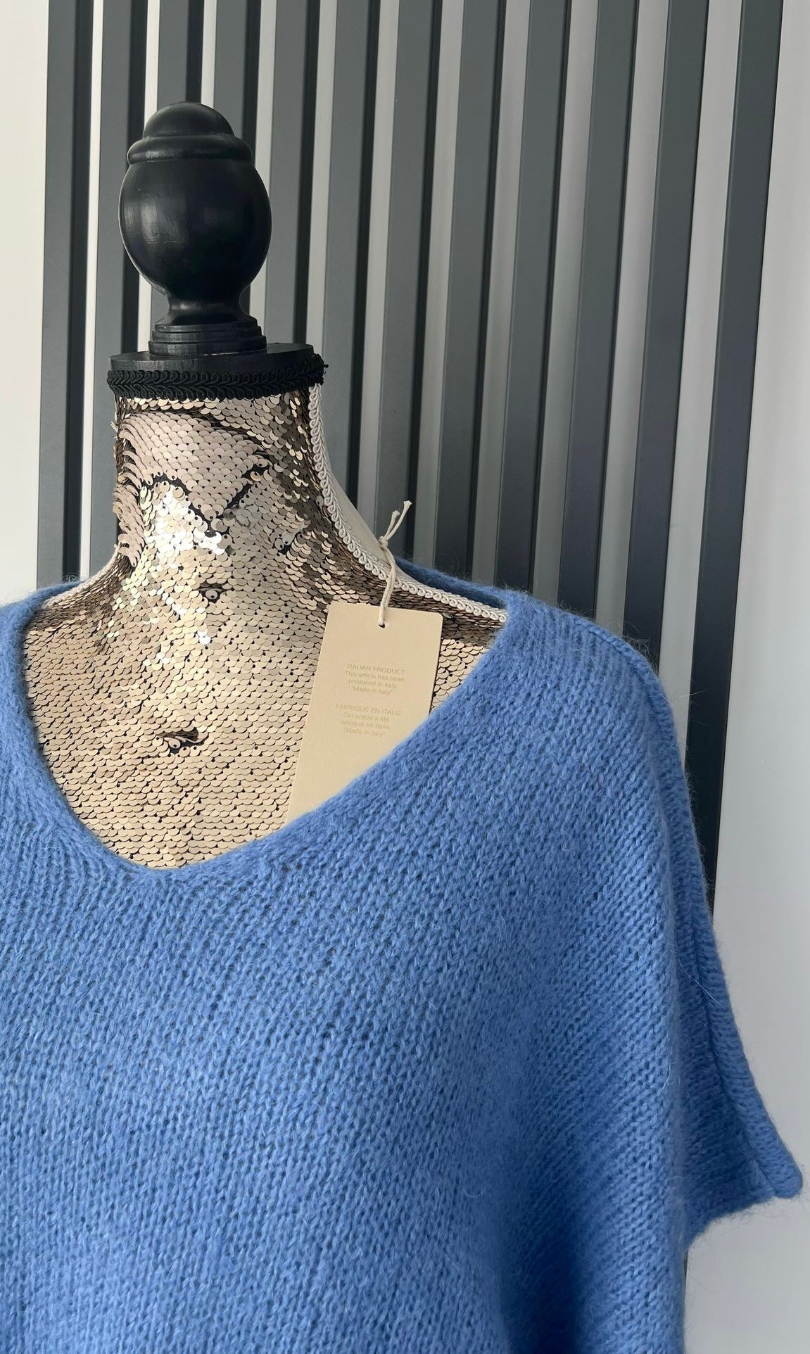 V-neck mohair sleeveless denim blue jumper