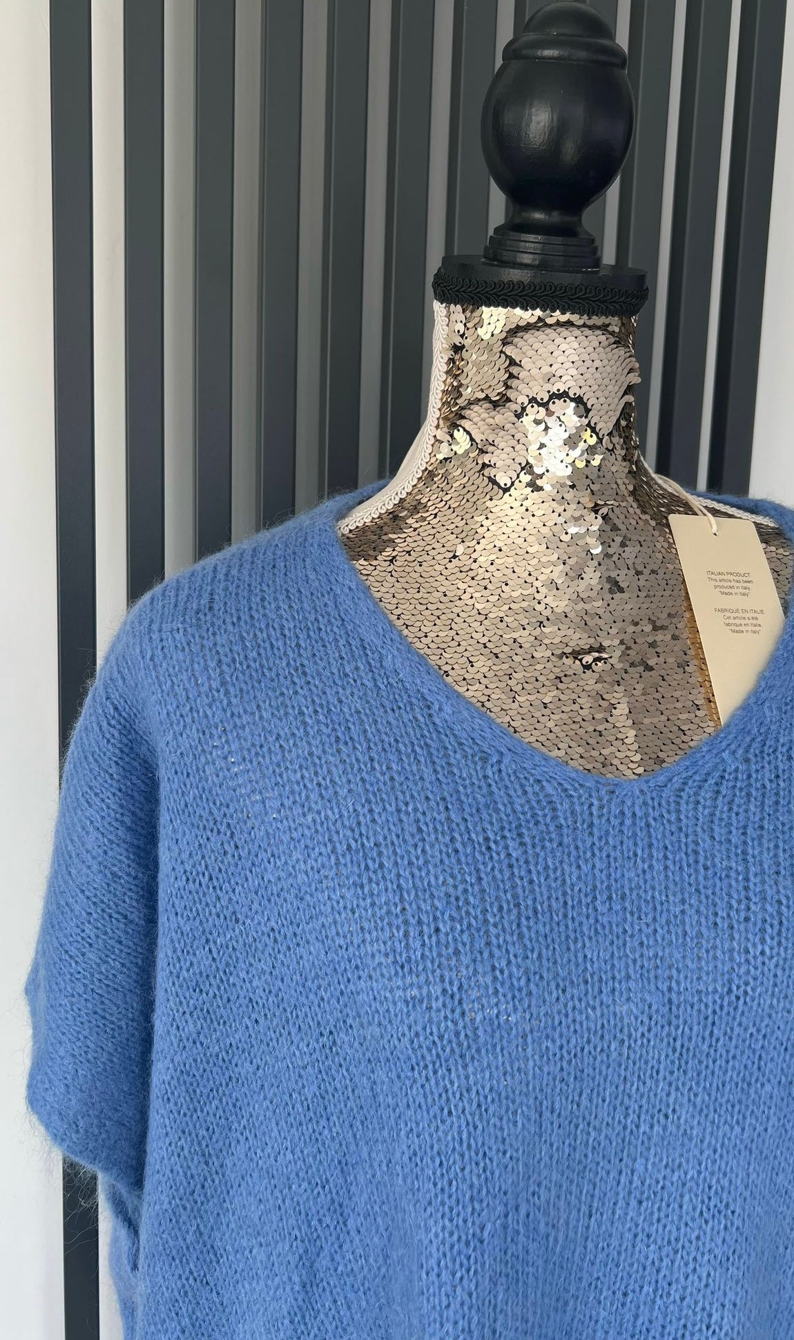 V-neck mohair sleeveless denim blue jumper