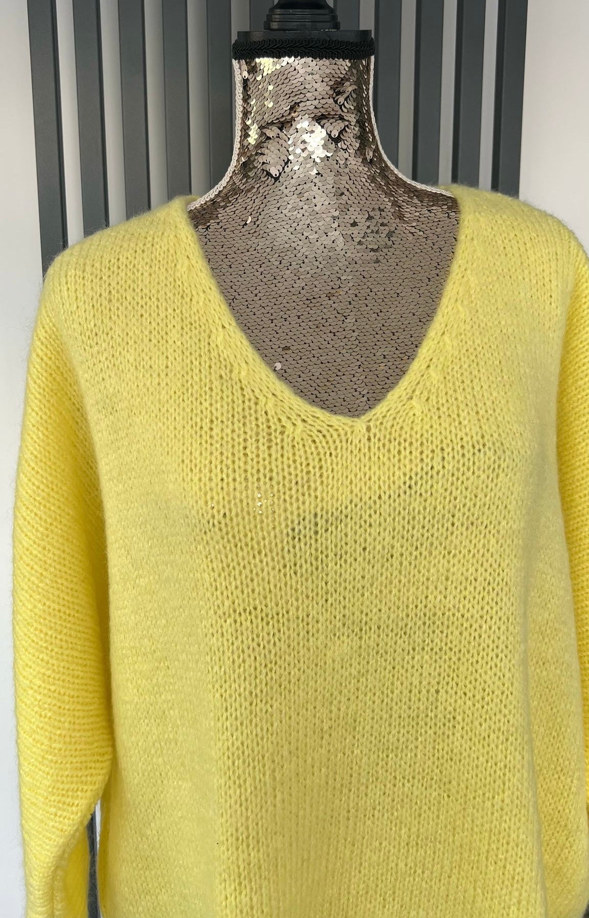 Lemon (yellow) sweater, v-neck mohair jumper