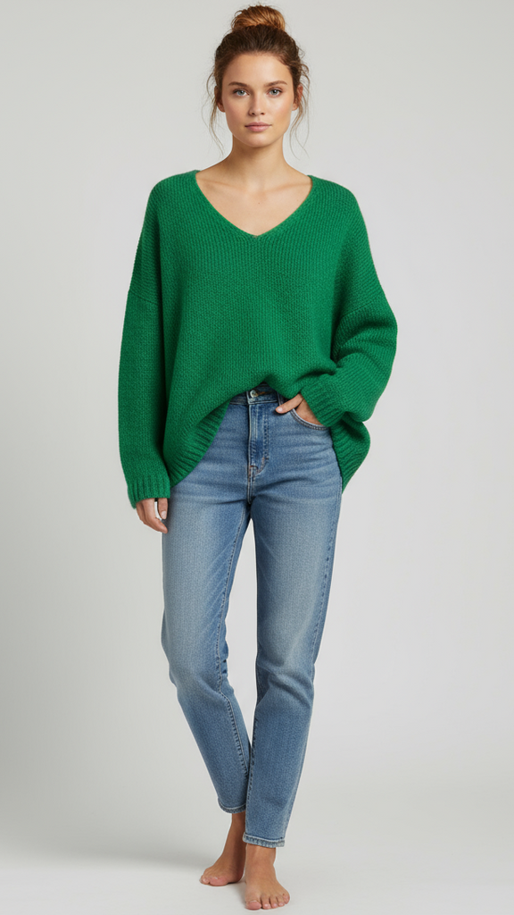 Oversized Mohair V-Neck Jumper - emerald green