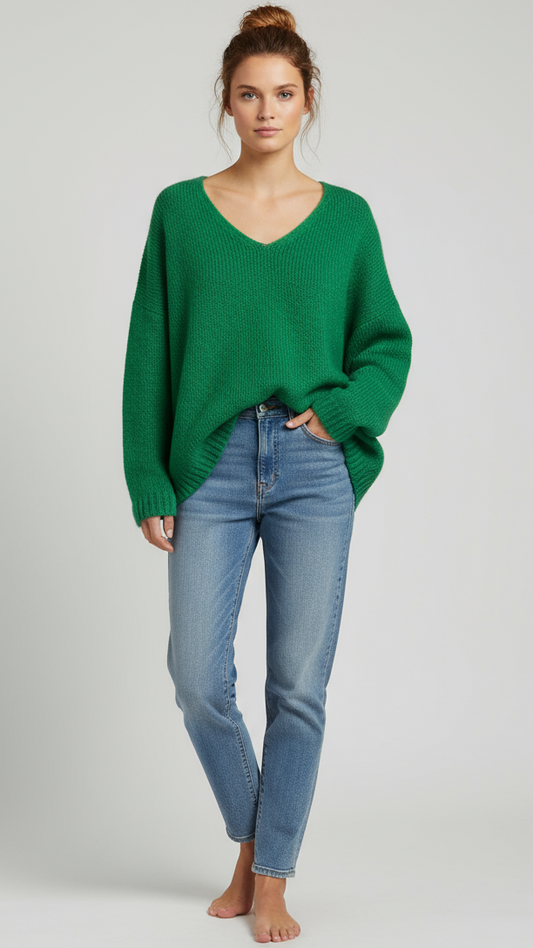 Oversized Mohair V-Neck Jumper - emerald green