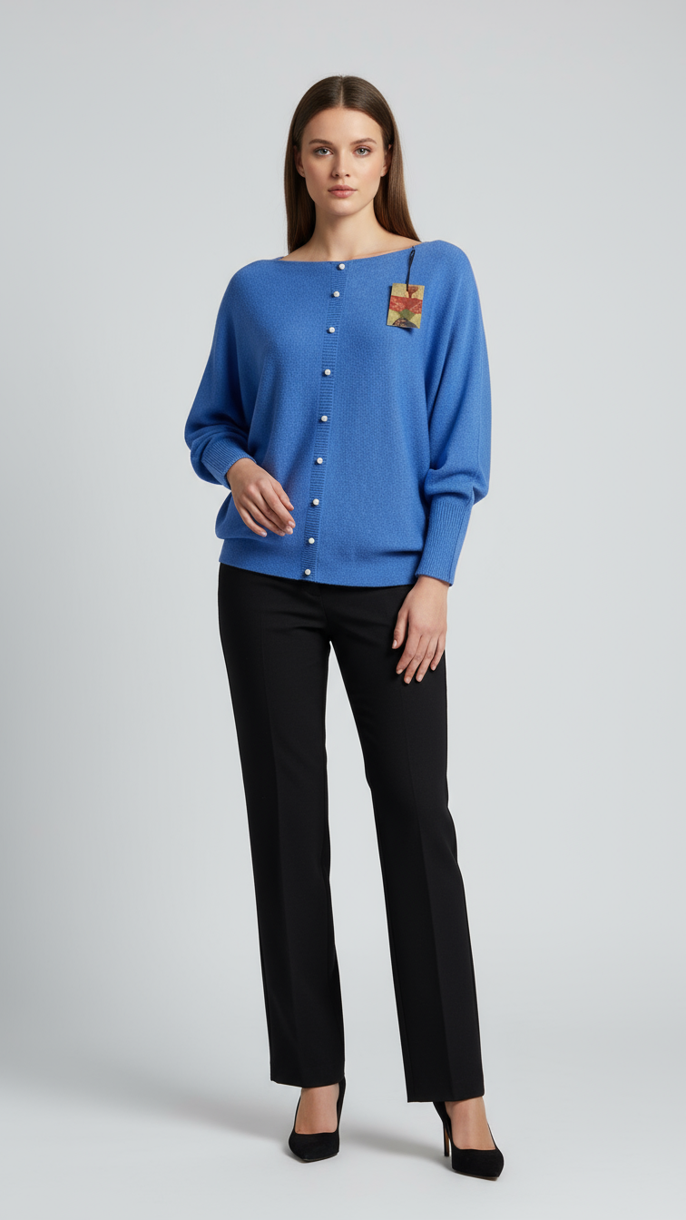 Denim blue jumper with elegant pearl detailing on the back