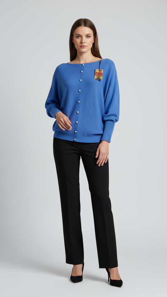 Denim blue jumper with elegant pearl detailing on the back