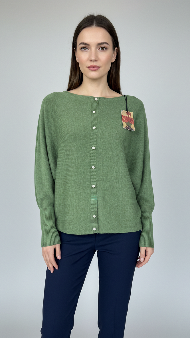 Khaki green jumper with elegant pearl detailing on the back