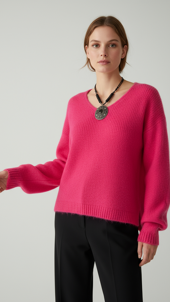Oversized Mohair V-Neck Jumper - fuchsia