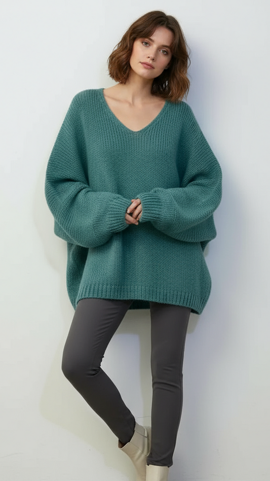 Oversized Mohair V-Neck Jumper - duck egg