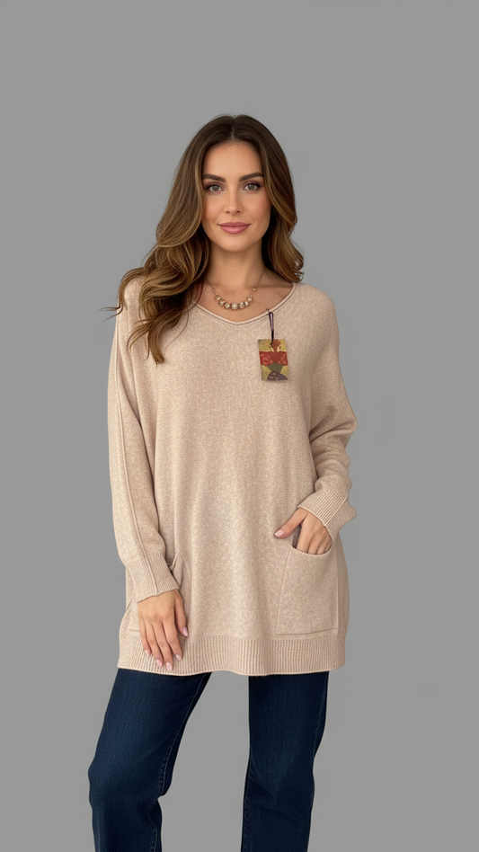 Oversized Fine Knit Jumper Relaxed Fit Beige Plus size Sweater with Pockets