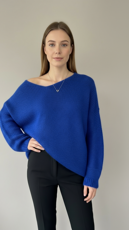 Oversized Mohair V-Neck Jumper - royal blue
