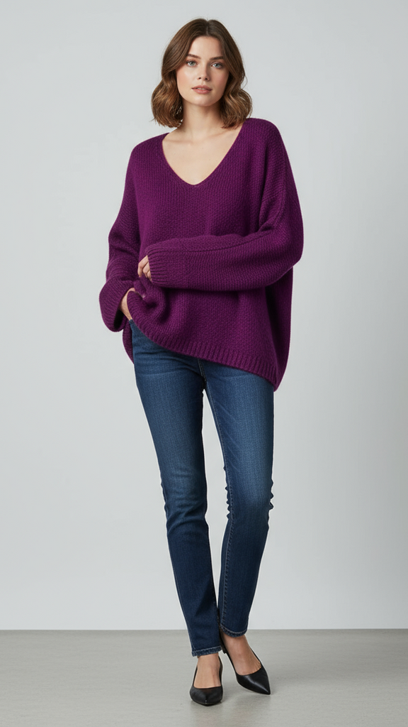 Oversized Mohair V-Neck Jumper - aubergine