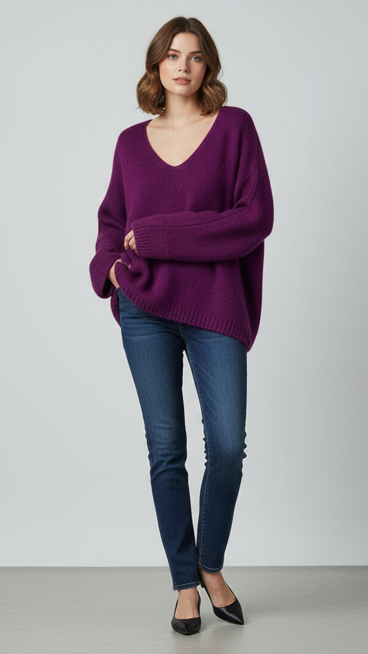 Oversized Mohair V-Neck Jumper - aubergine