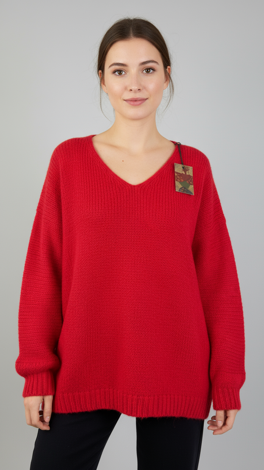 Oversized Mohair V-Neck Jumper - red